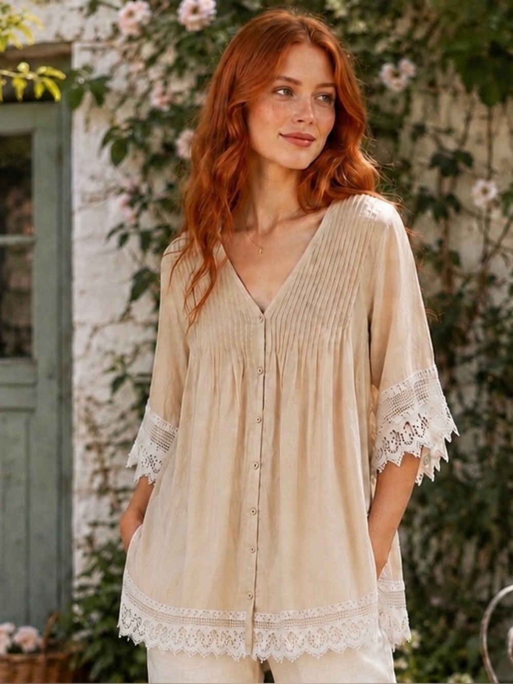 Cream Blouse | Sz L | Pintuck & Lace Accents | By Sans Souci
100% Cotton | Cream